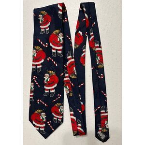 Hallmark Yule Tie Greetings Men's Vintage Christmas Santa  Candy Cane Print Blue